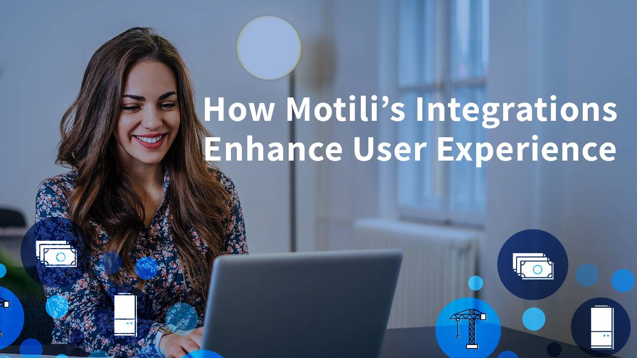 Woman sitting and looking at her laptop with text overlay that states "how Motili's integrations enhance user experience"
