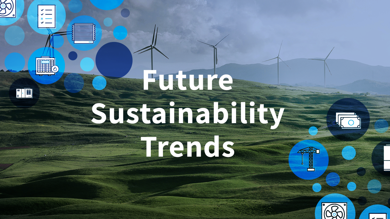 Green pasture with windmills and future sustainability trends written over it